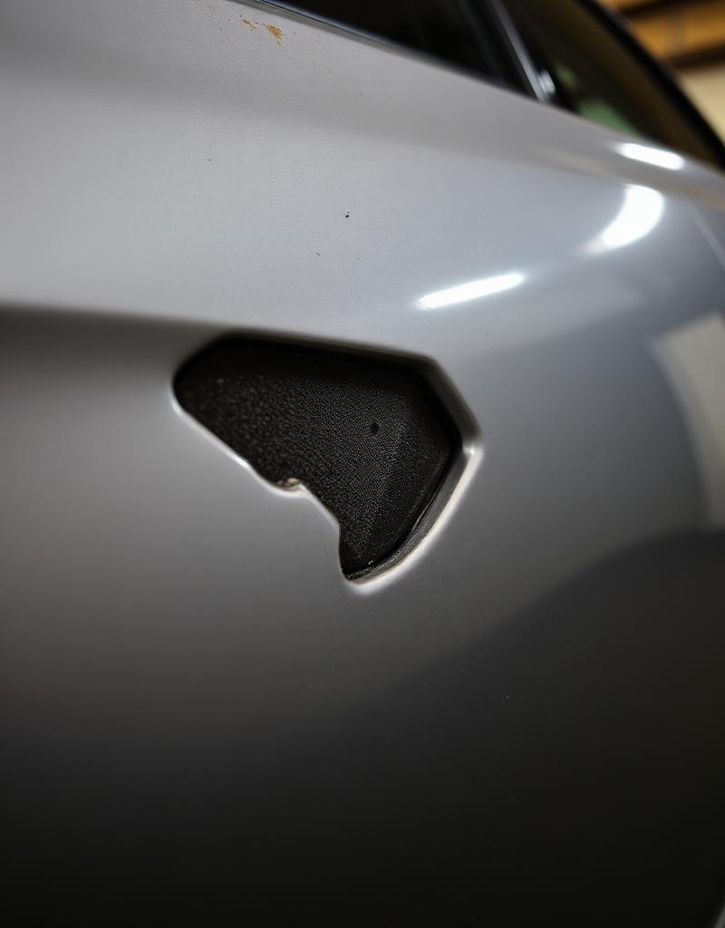 Damaged car panel before repair
